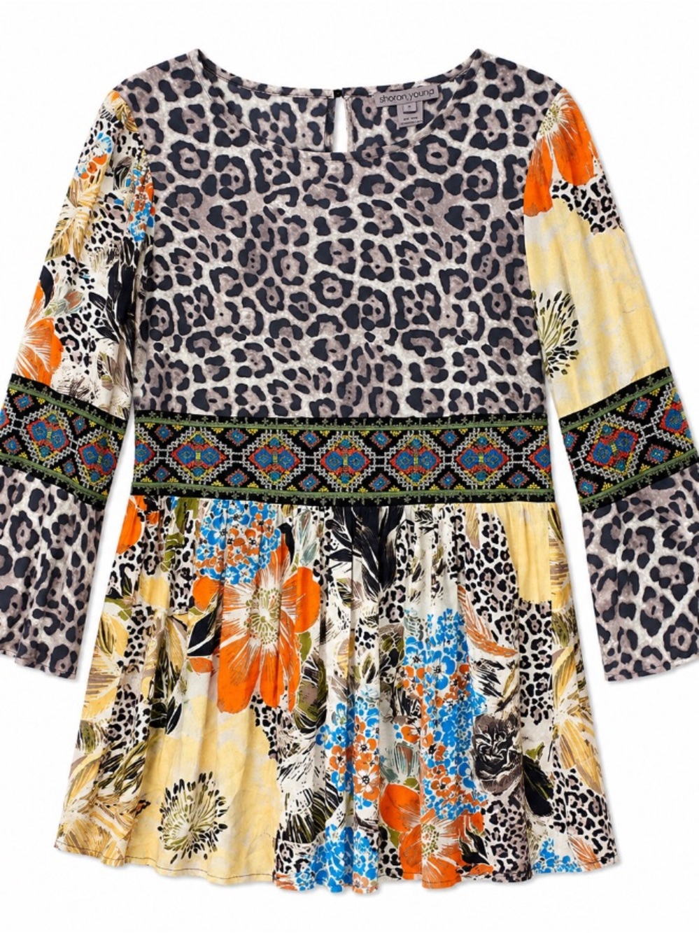 Sharon Young • Boho • Leopard Print • Peplum • Tunic Top • Size Small